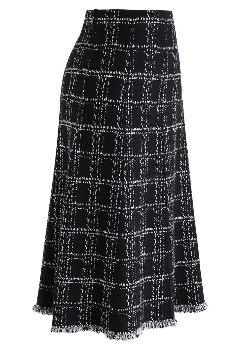 Check Tassel Hem Knit Midi Skirt in Black