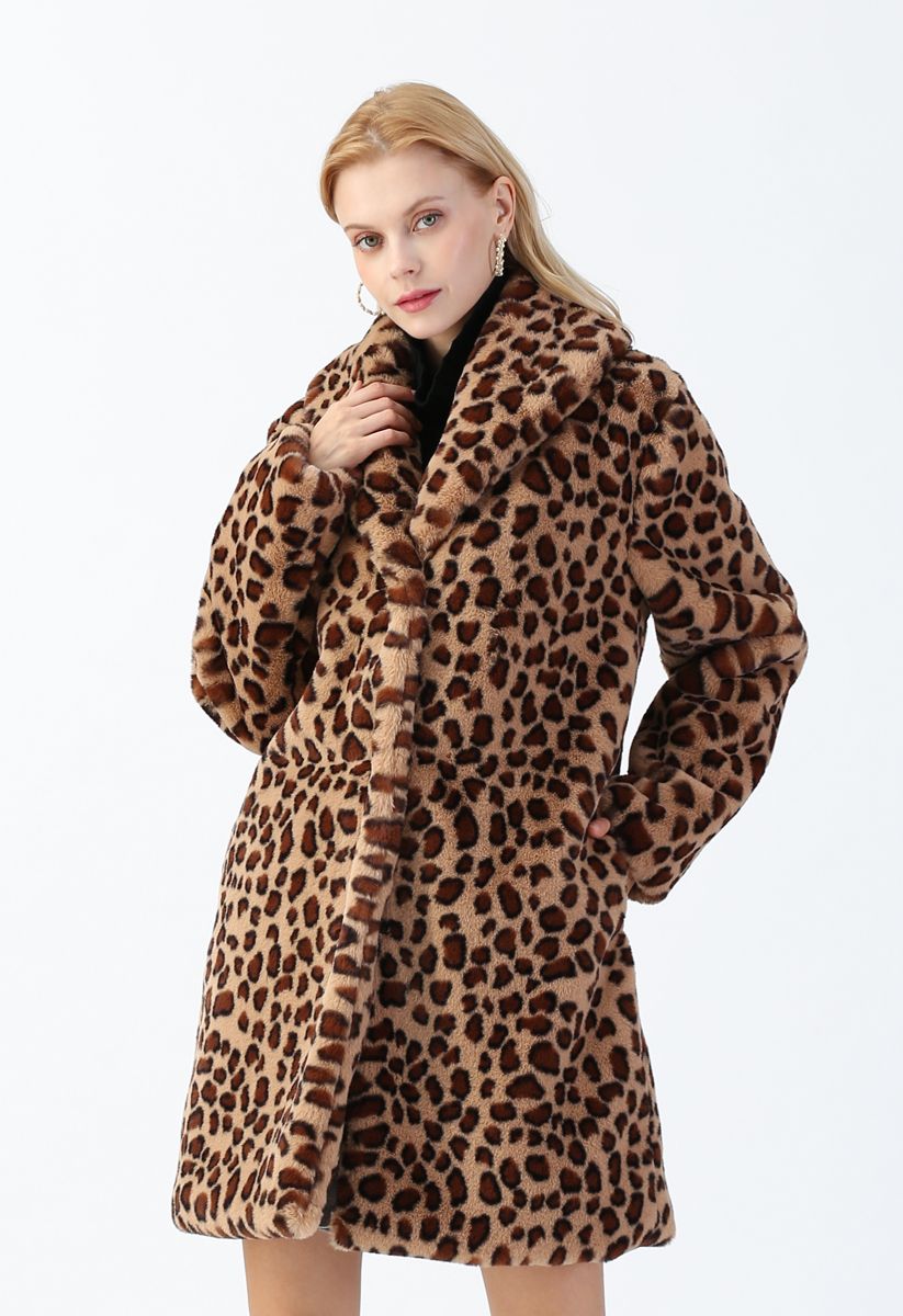 Brown Leopard Faux Fur Longline Coat with Collar