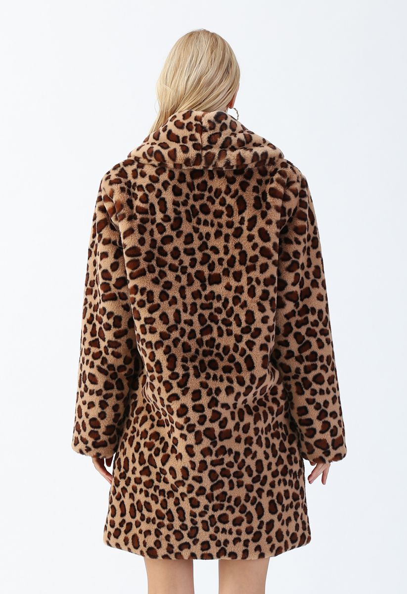 Brown Leopard Faux Fur Longline Coat with Collar