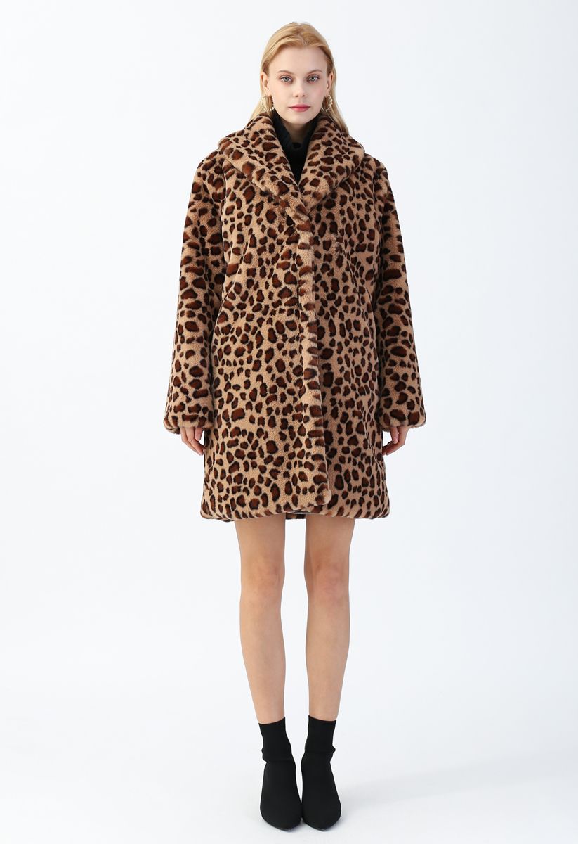 Brown Leopard Faux Fur Longline Coat with Collar