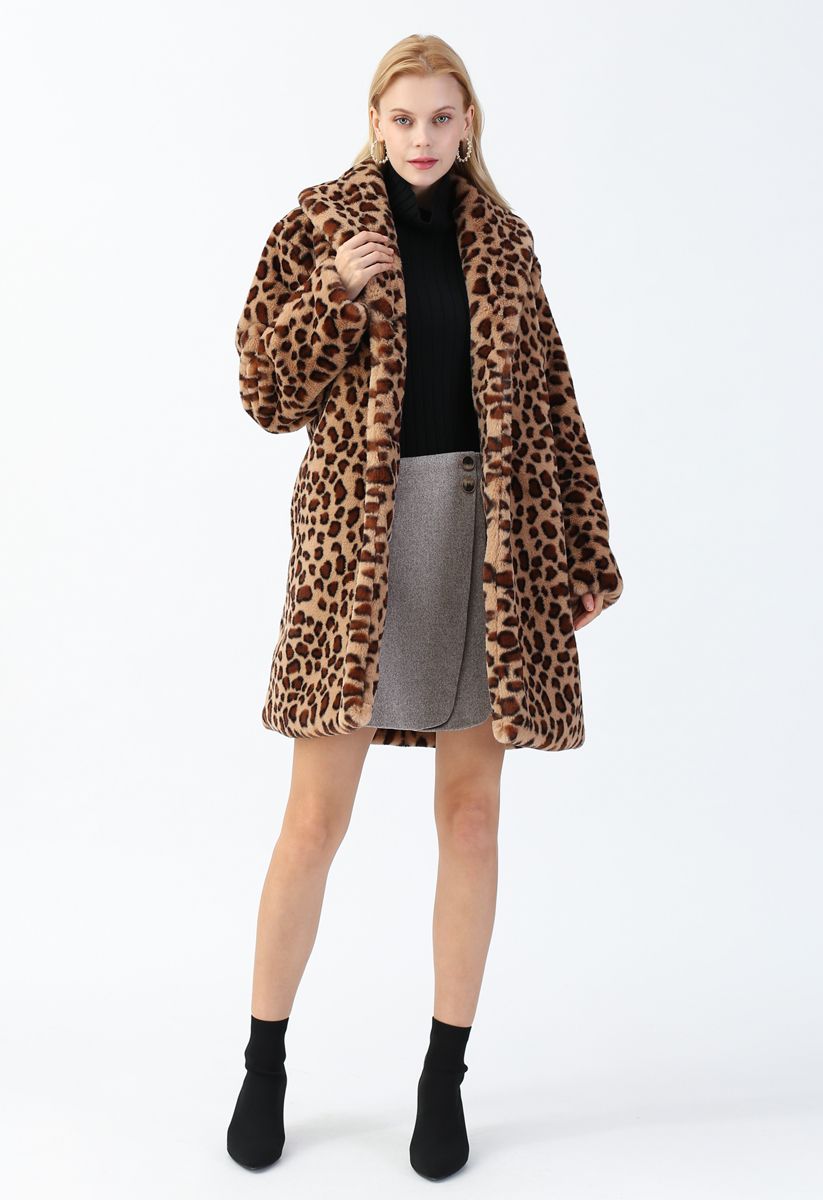 Brown Leopard Faux Fur Longline Coat with Collar