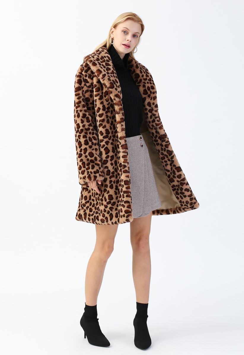 Brown Leopard Faux Fur Longline Coat with Collar