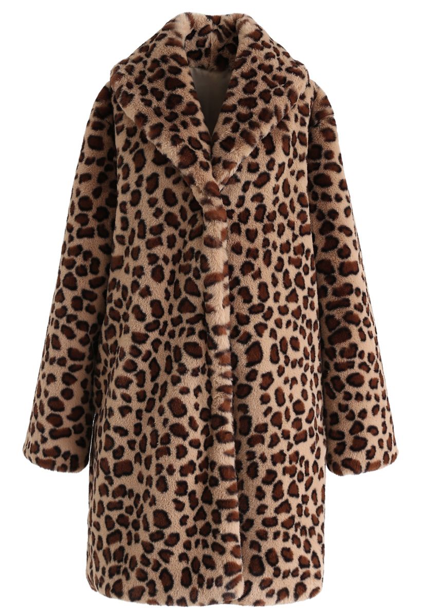 Brown Leopard Faux Fur Longline Coat with Collar