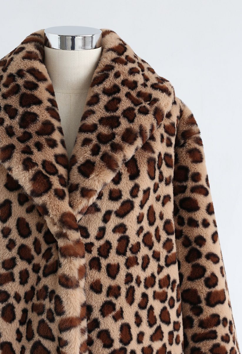 Brown Leopard Faux Fur Longline Coat with Collar