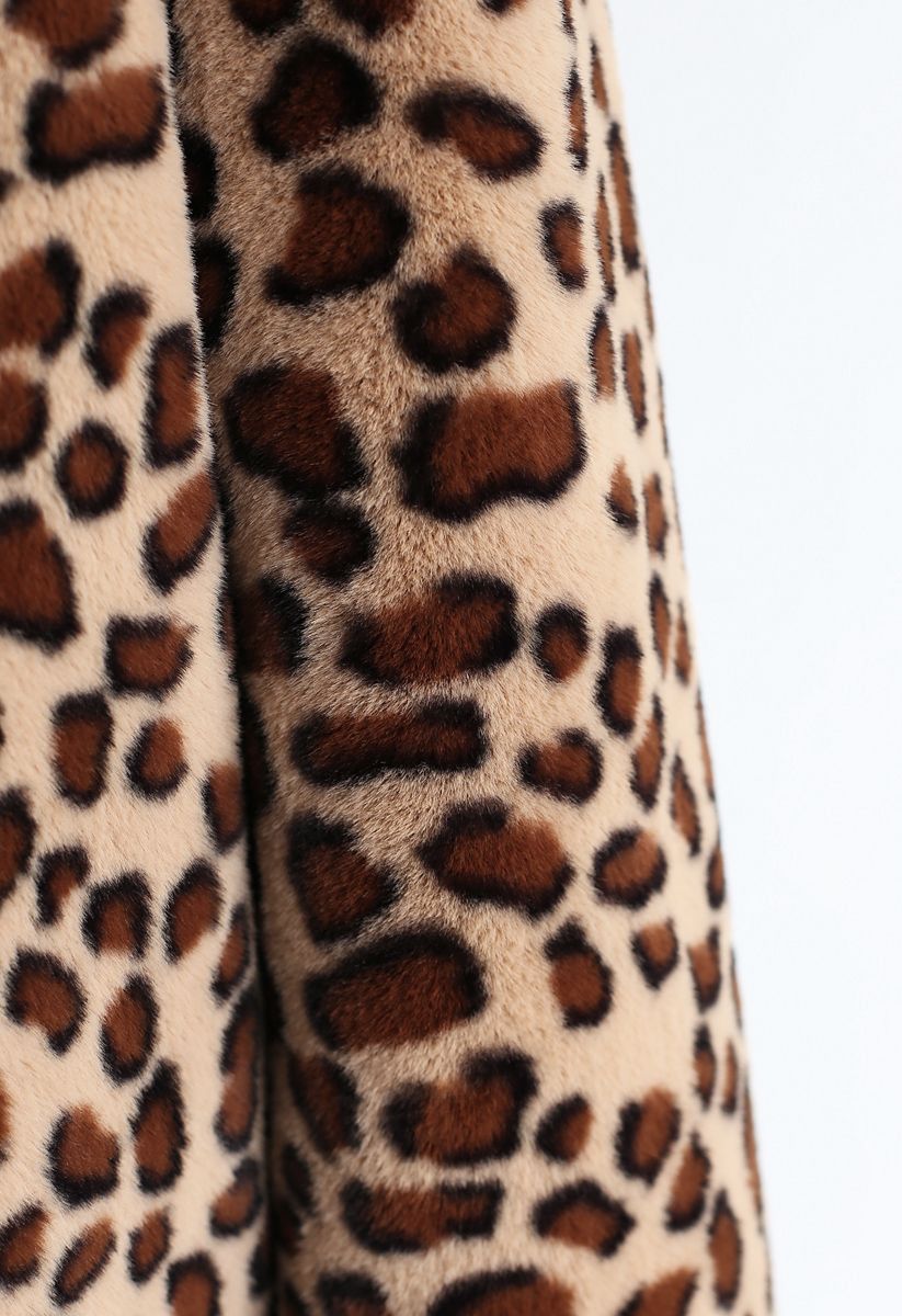 Brown Leopard Faux Fur Longline Coat with Collar