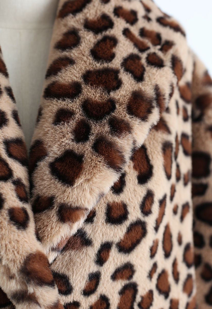 Brown Leopard Faux Fur Longline Coat with Collar