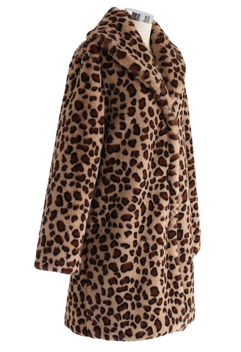 Brown Leopard Faux Fur Longline Coat with Collar