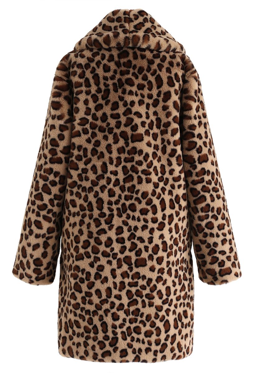 Brown Leopard Faux Fur Longline Coat with Collar