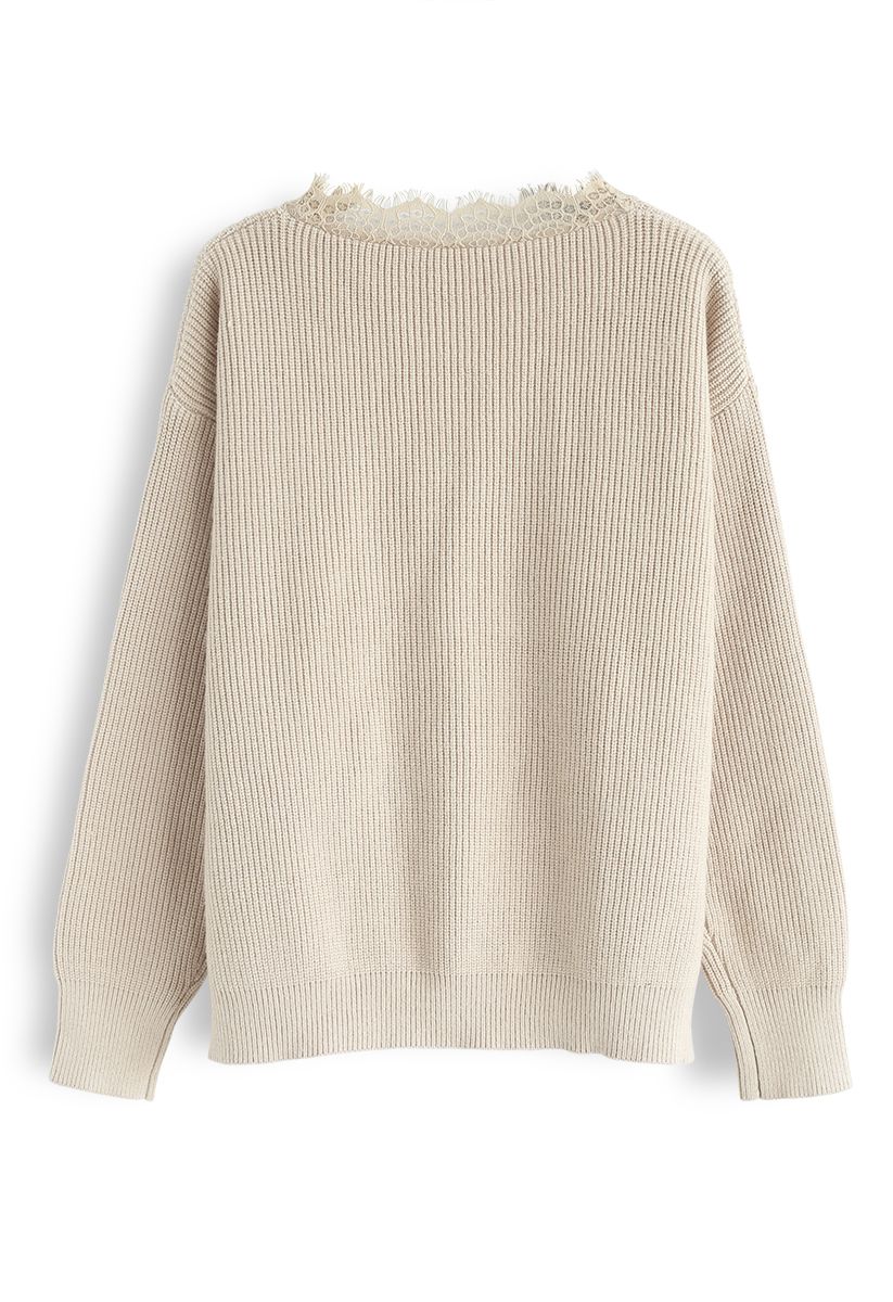 Lacy Neck Ribbed Knit Sweater in Light Tan