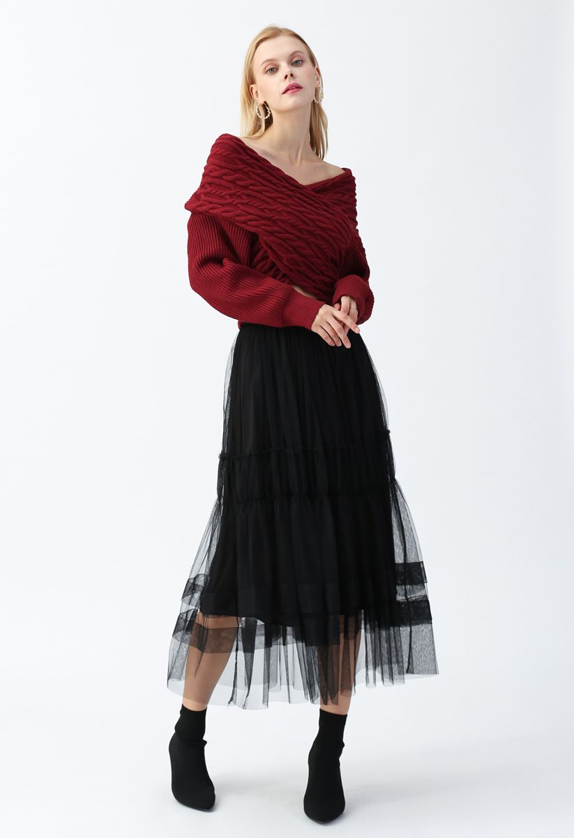 Double-Layered Tulle Midi Skirt in Black