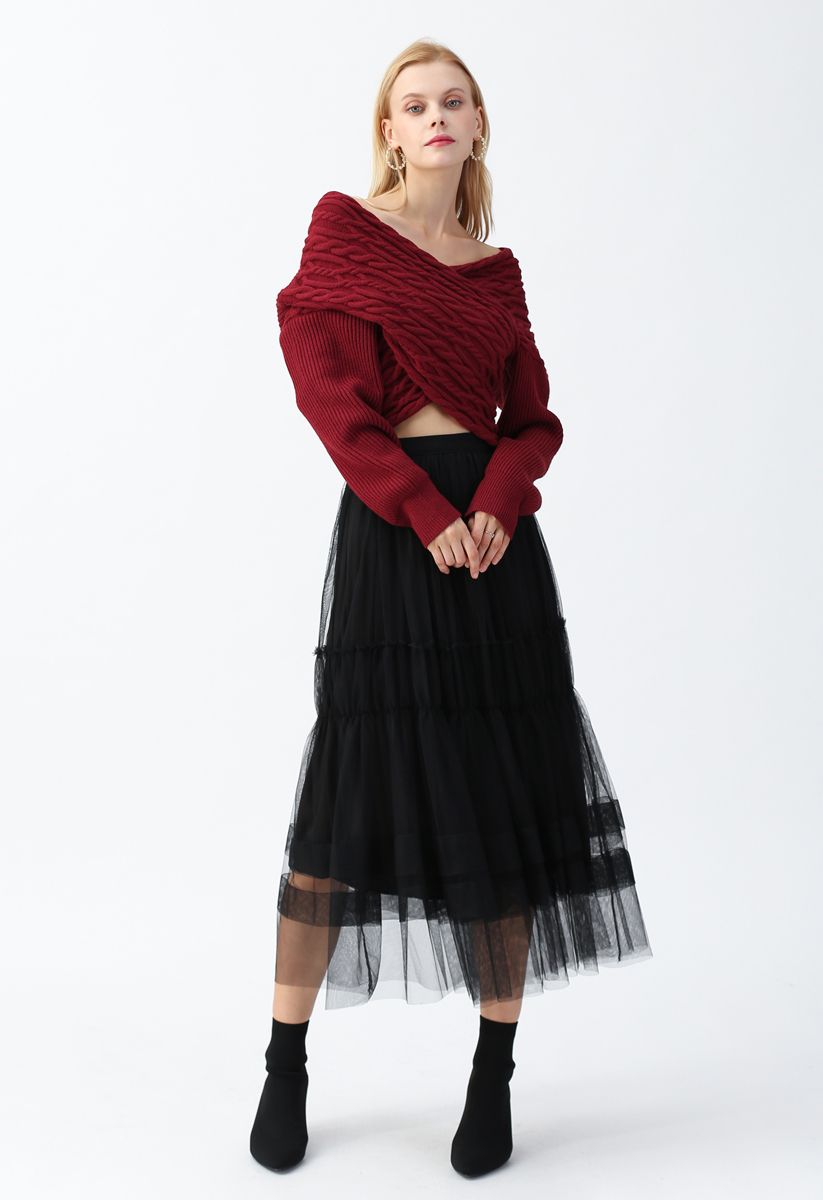 Double-Layered Tulle Midi Skirt in Black