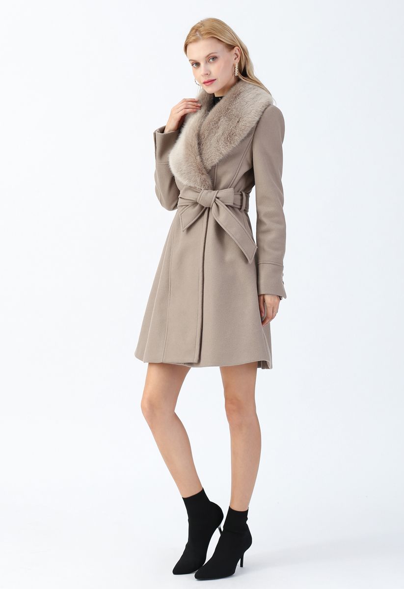 Faux Fur Collar Belted Flare Coat in Taupe - Retro, Indie and Unique Fashion