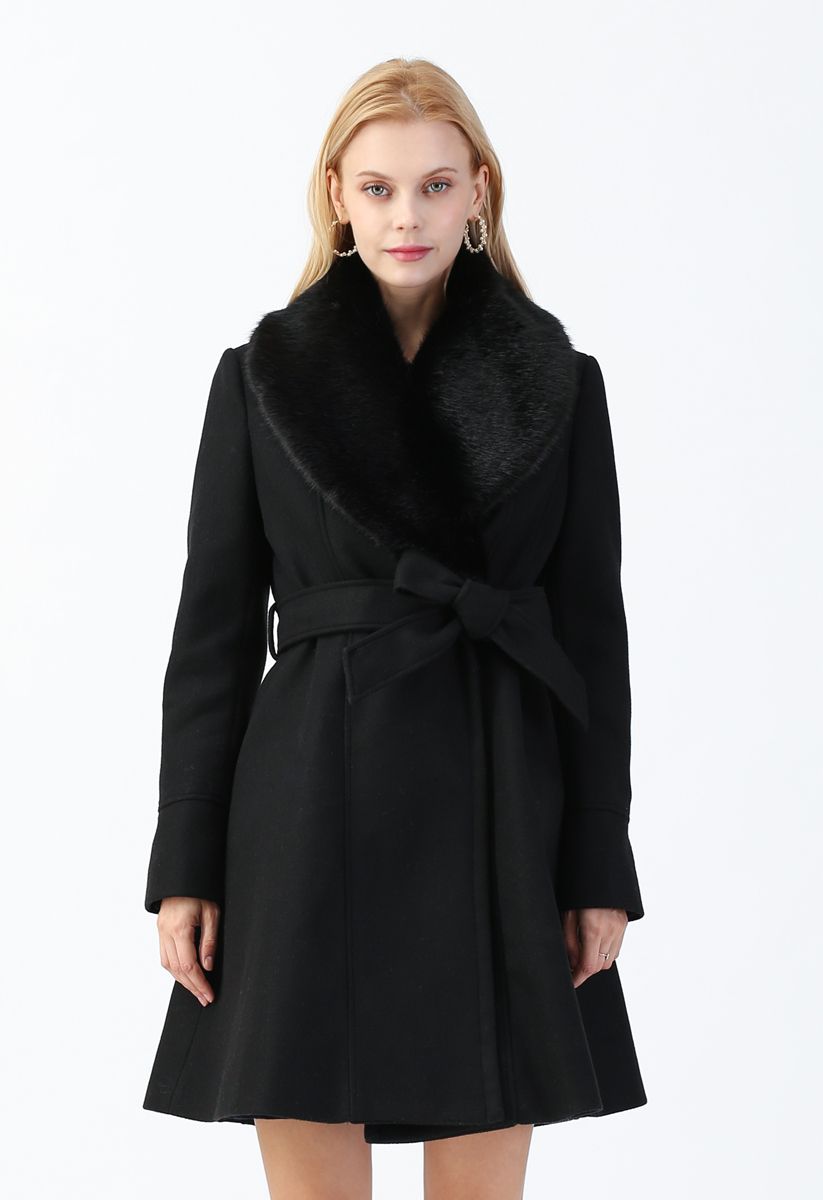 Faux Fur Collar Belted Flare Coat in Black - Retro, Indie and Unique ...