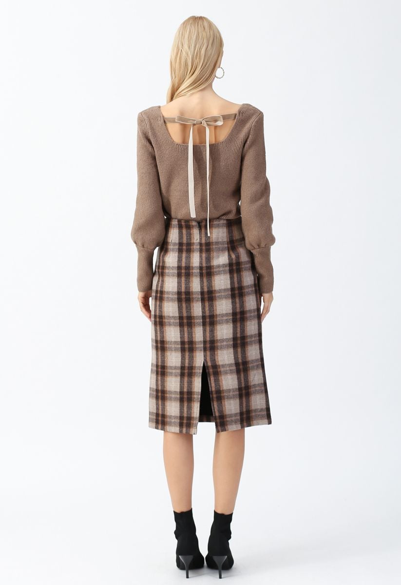 Split Hem Brown Plaid Pencil Midi Skirt