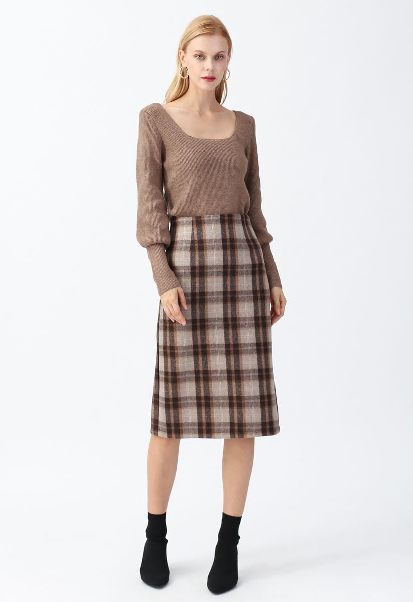 Split Hem Brown Plaid Pencil Midi Skirt