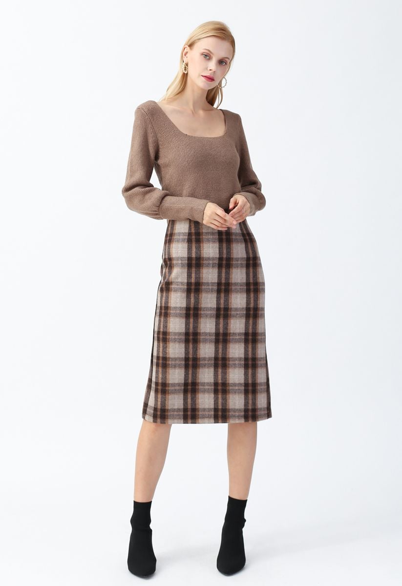 Split Hem Brown Plaid Pencil Midi Skirt