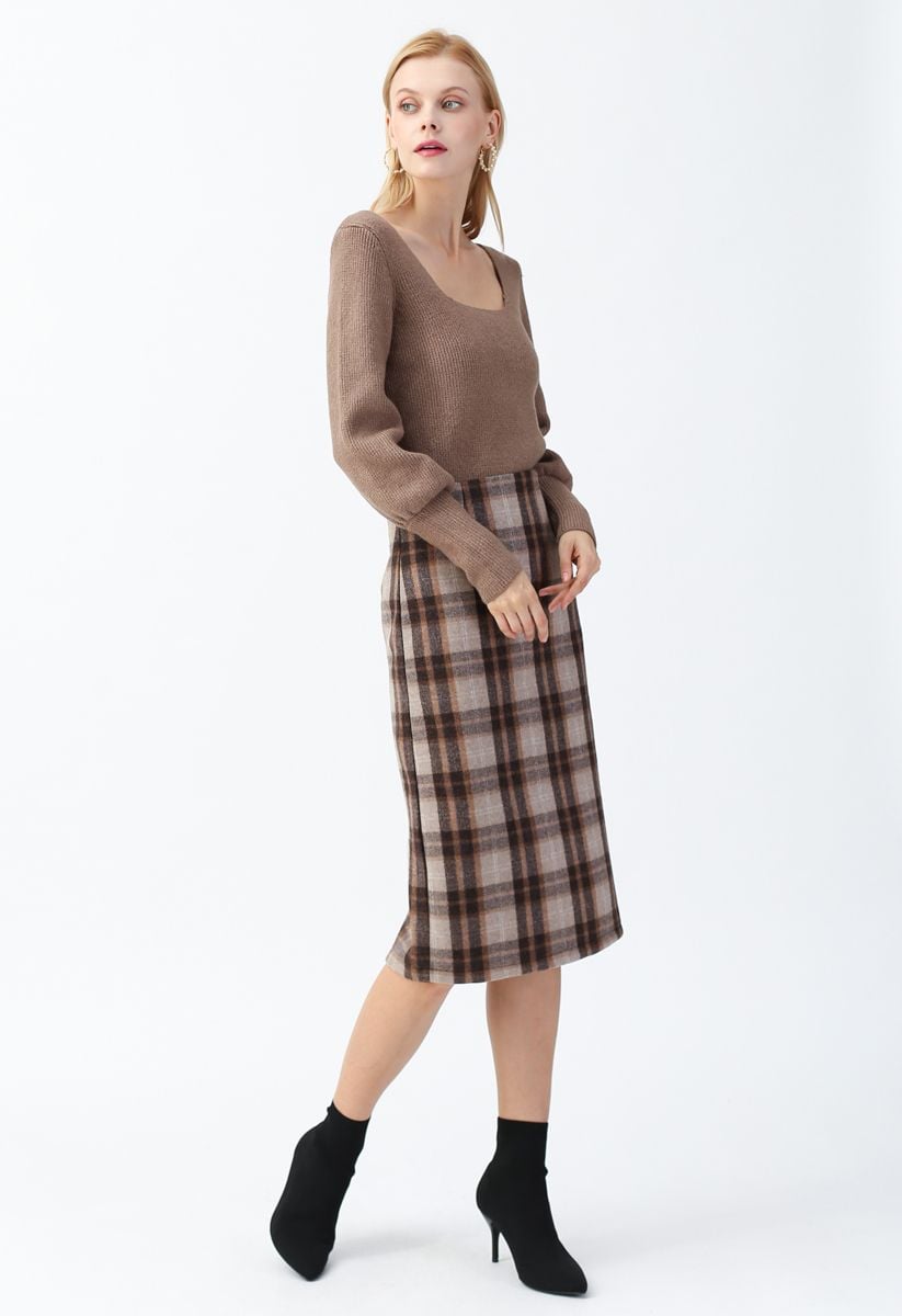 Split Hem Brown Plaid Pencil Midi Skirt