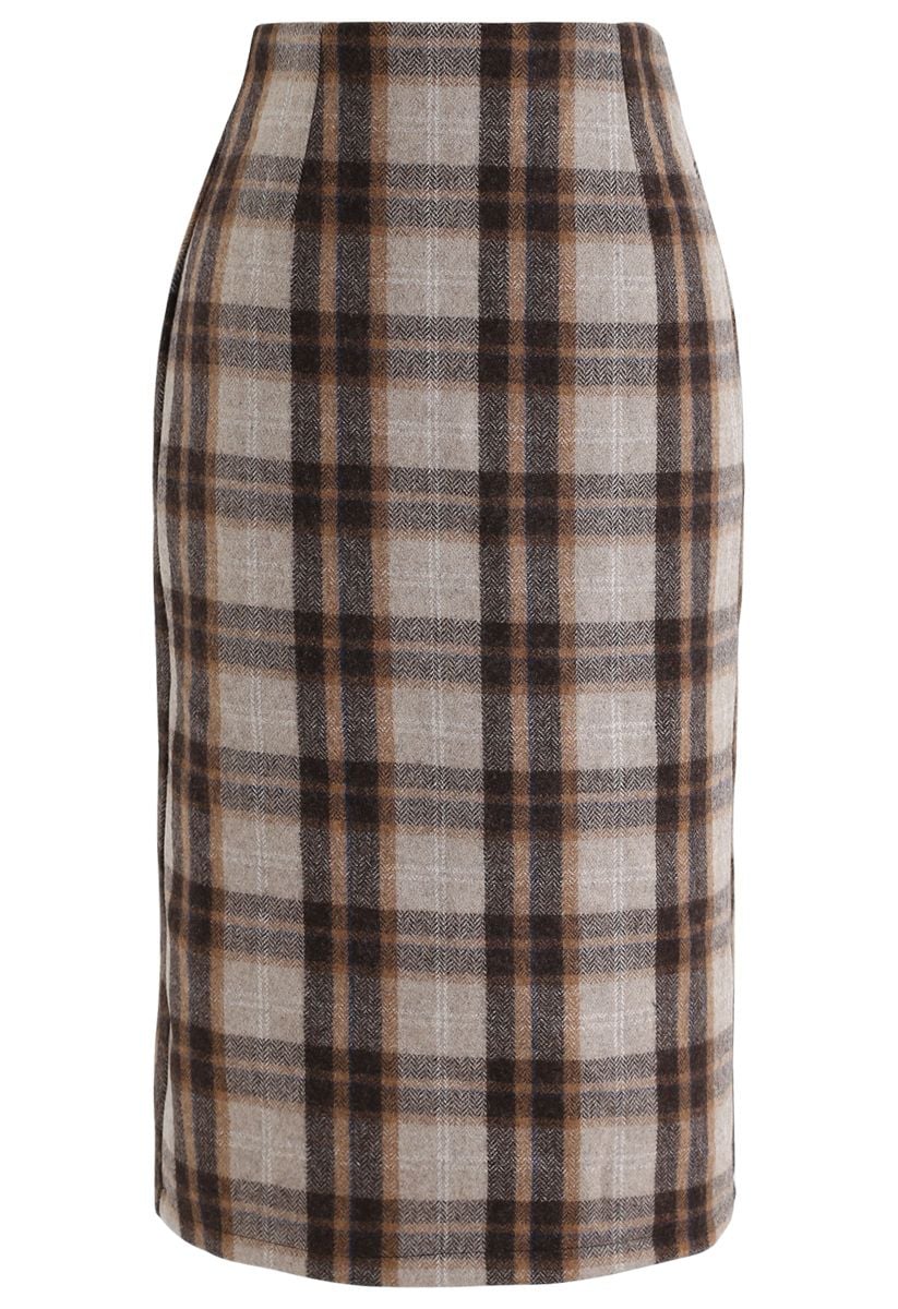 Split Hem Brown Plaid Pencil Midi Skirt