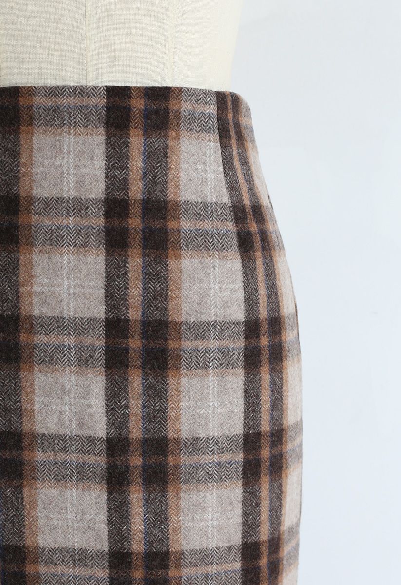 Split Hem Brown Plaid Pencil Midi Skirt