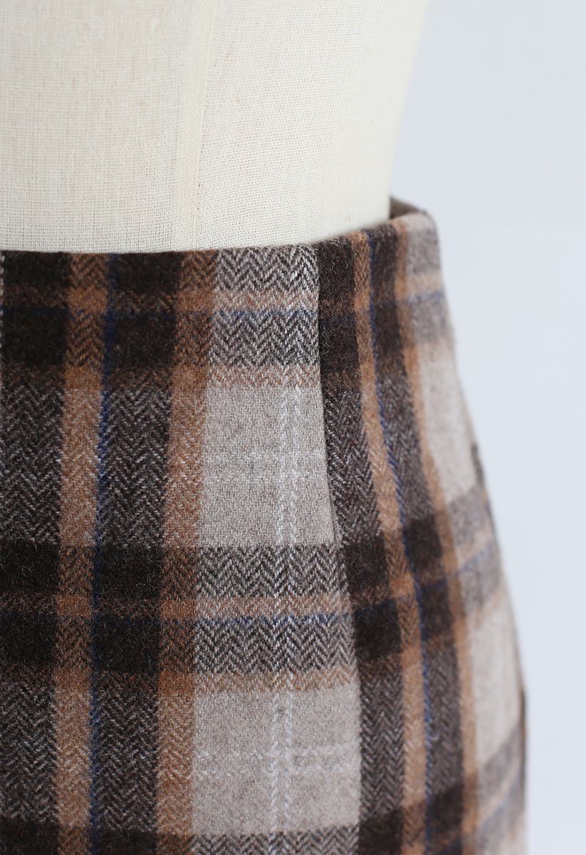 Split Hem Brown Plaid Pencil Midi Skirt