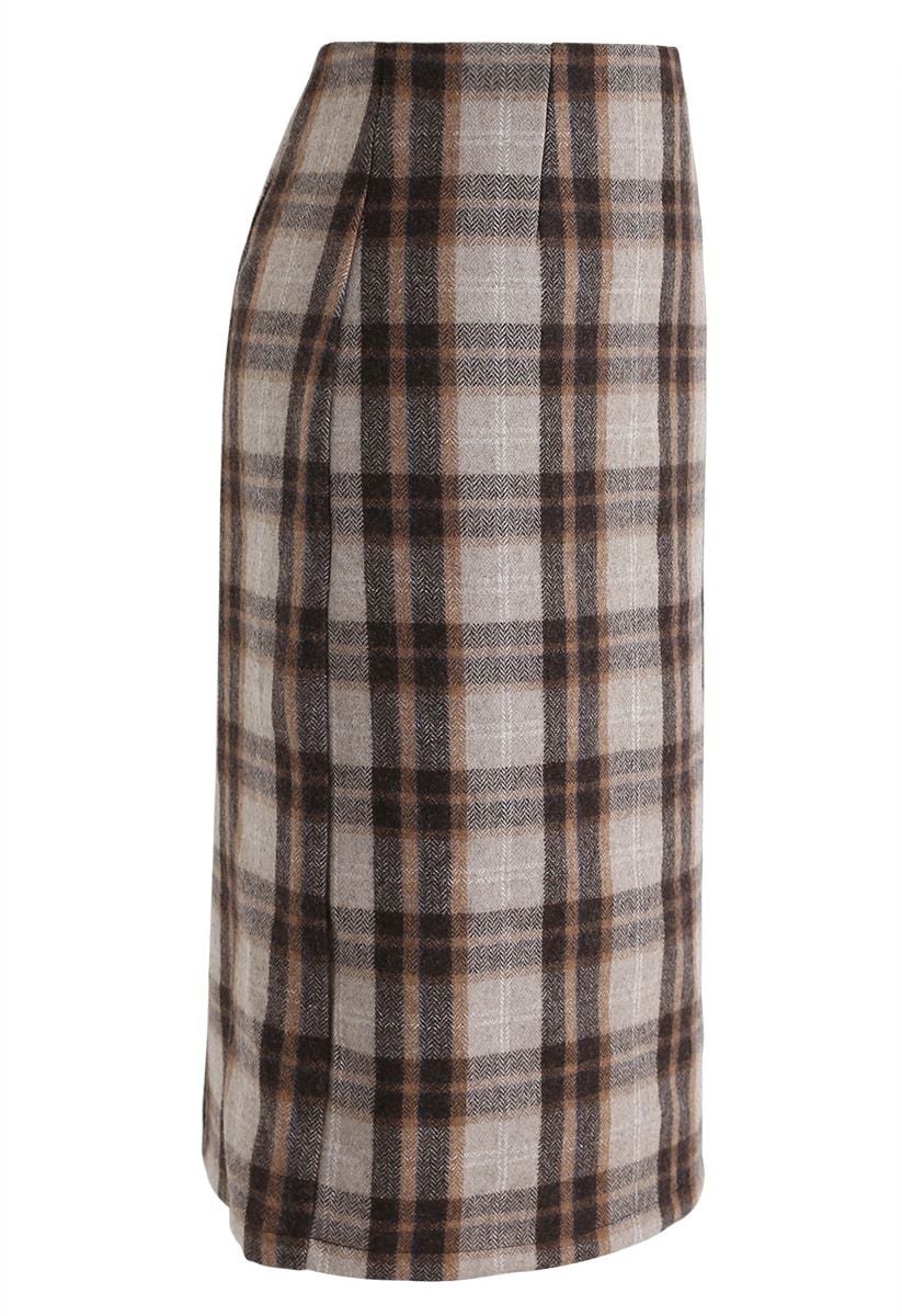 Split Hem Brown Plaid Pencil Midi Skirt