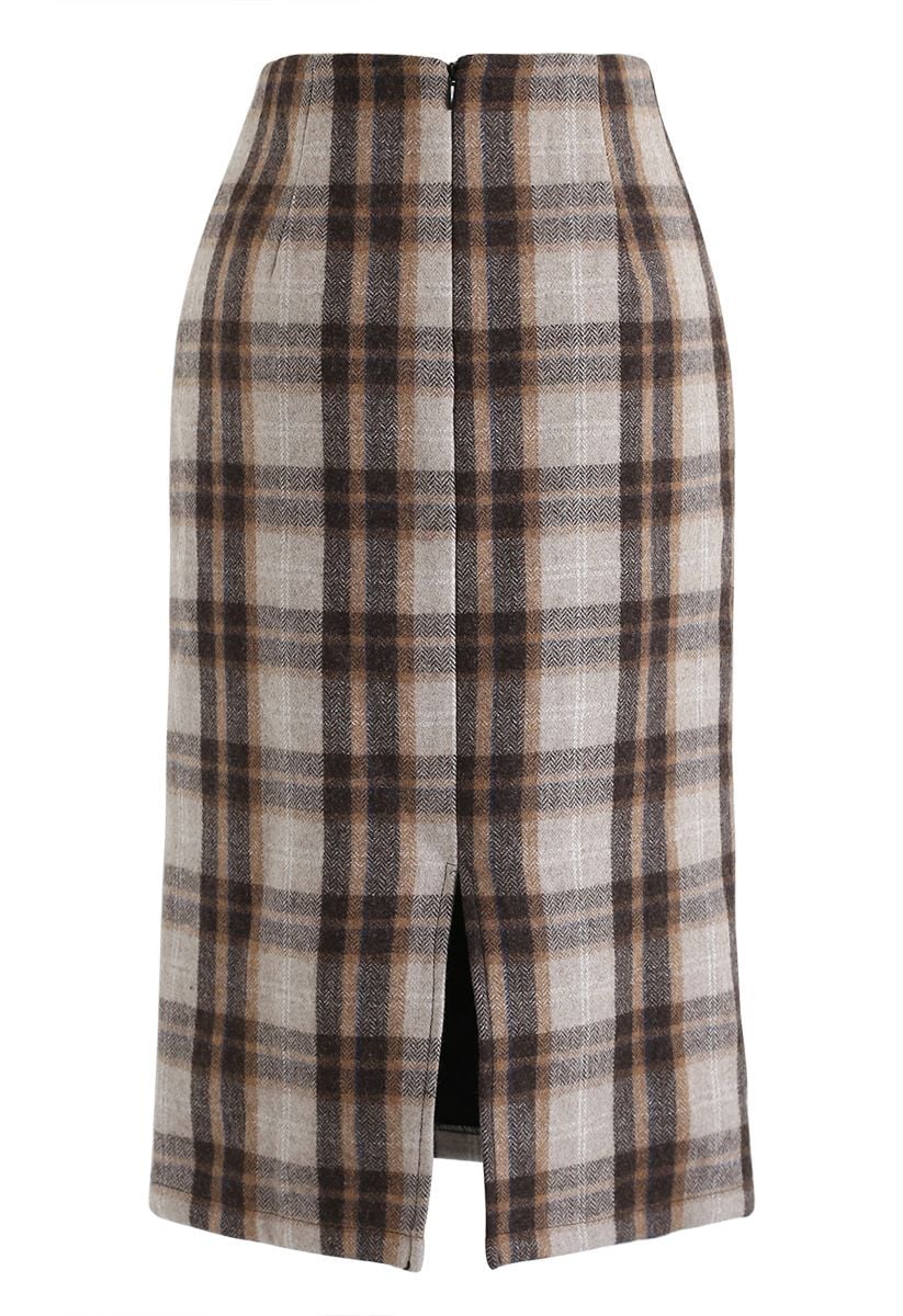 Split Hem Brown Plaid Pencil Midi Skirt