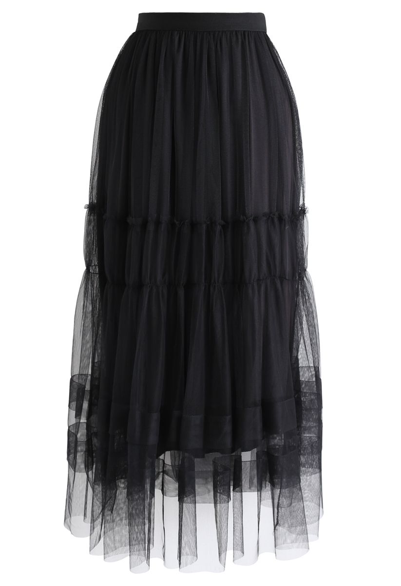 Double-Layered Tulle Midi Skirt in Black