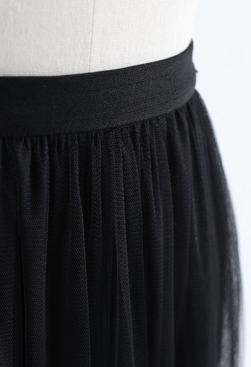 Double-Layered Tulle Midi Skirt in Black