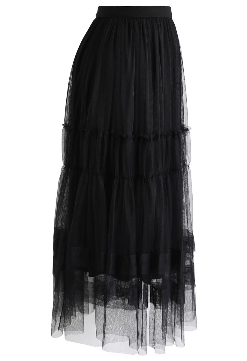 Double-Layered Tulle Midi Skirt in Black