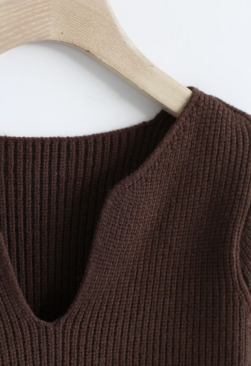 V-Neck Ribbed Knit Sweater in Brown