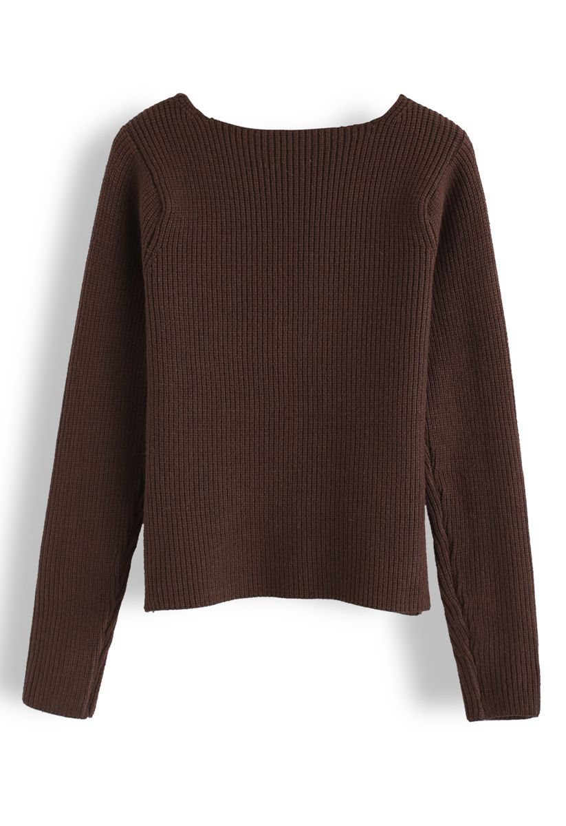 V-Neck Ribbed Knit Sweater in Brown