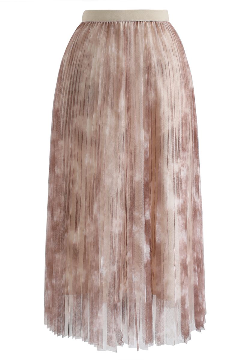 Watercolor Double-Layered Mesh Tulle Skirt in Tan