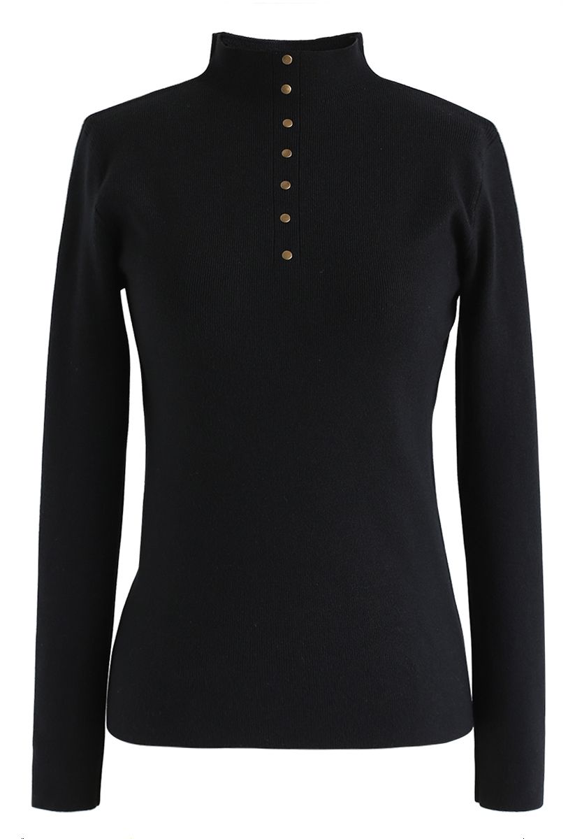 Buttoned Mock Neck Fitted Knit Top in Black