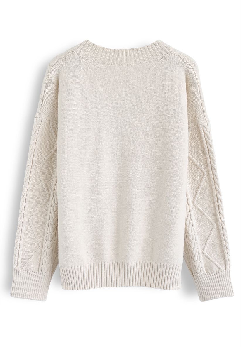 Pom-Pom Braid V-Neck Knit Sweater in Cream