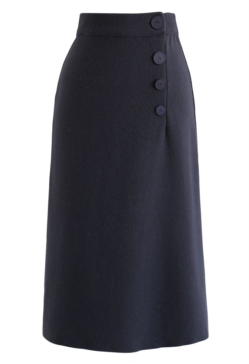 Buttoned Front Knit Midi Skirt in Navy