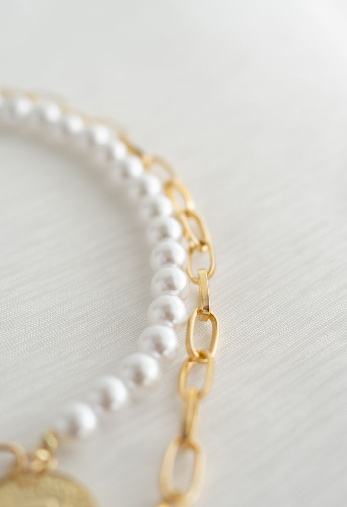 Gold Coin Layered Pearl Chain Necklace