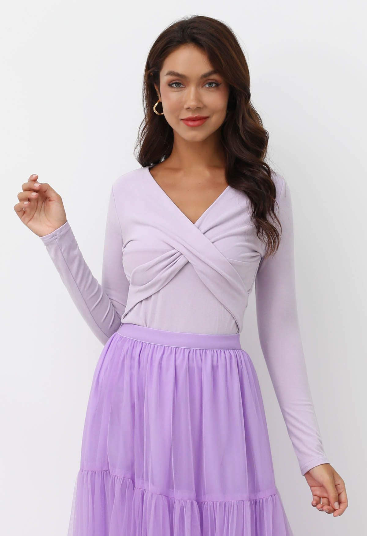 Crisscross V-Neck Fitted Top in Lilac