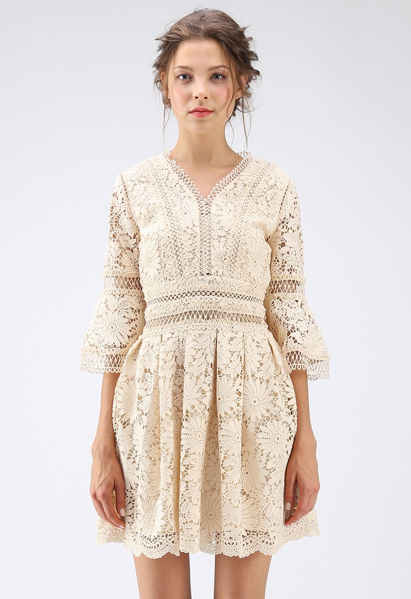 Flourish Floral Bell Sleeves Full Crochet Dress in Apricot