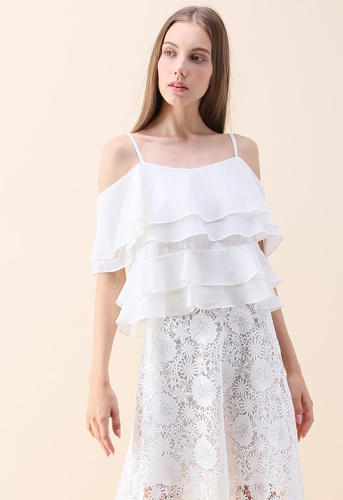 Tiered Animation Chiffon Cold-shoulder Top in White