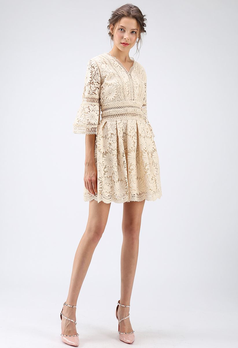 Flourish Floral Bell Sleeves Full Crochet Dress in Apricot