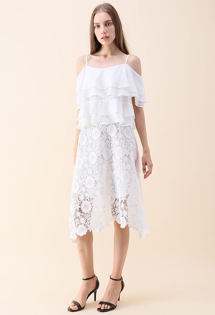 Tiered Animation Chiffon Cold-shoulder Top in White