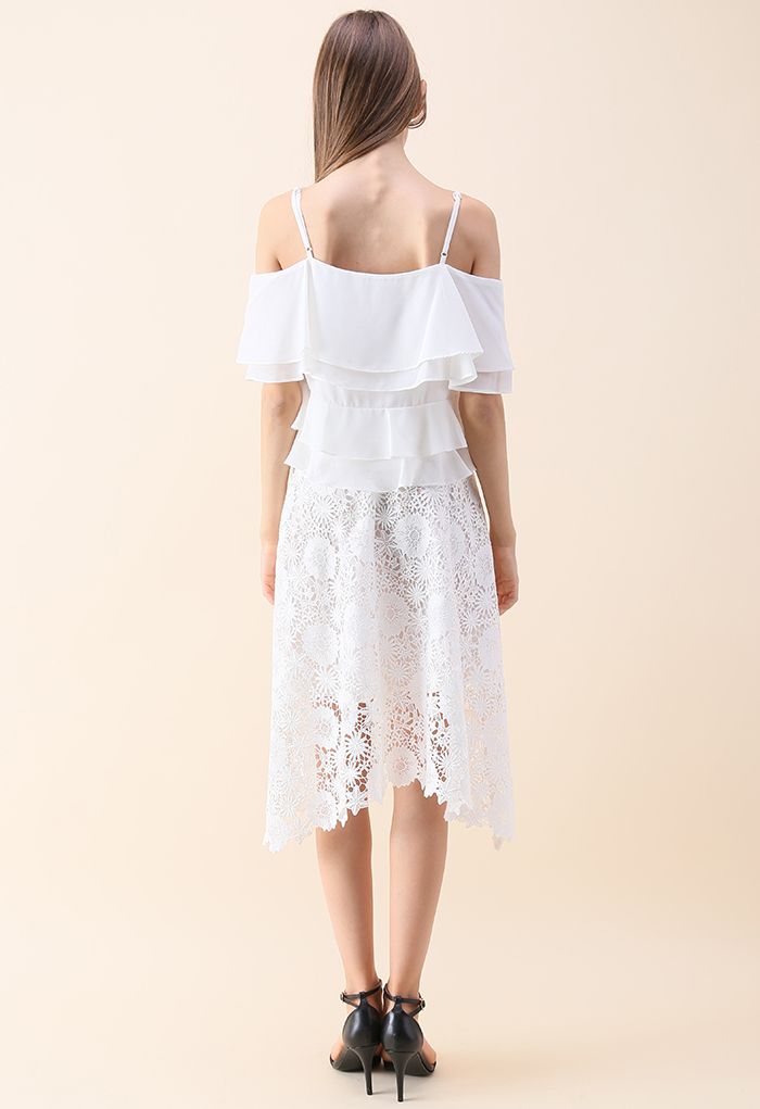 Tiered Animation Chiffon Cold-shoulder Top in White