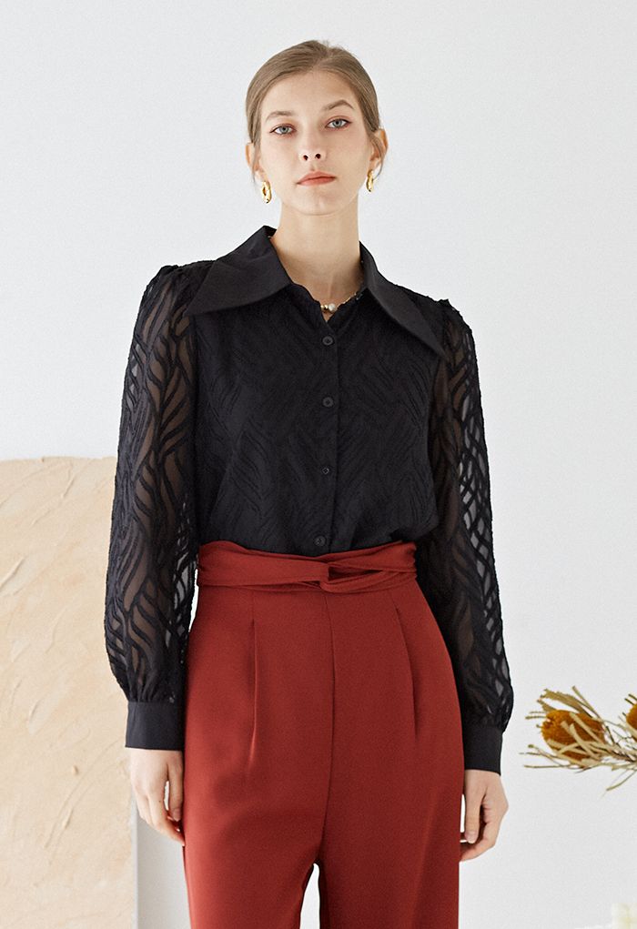 Classy Wavy Texture Slouchy Shirt in Black