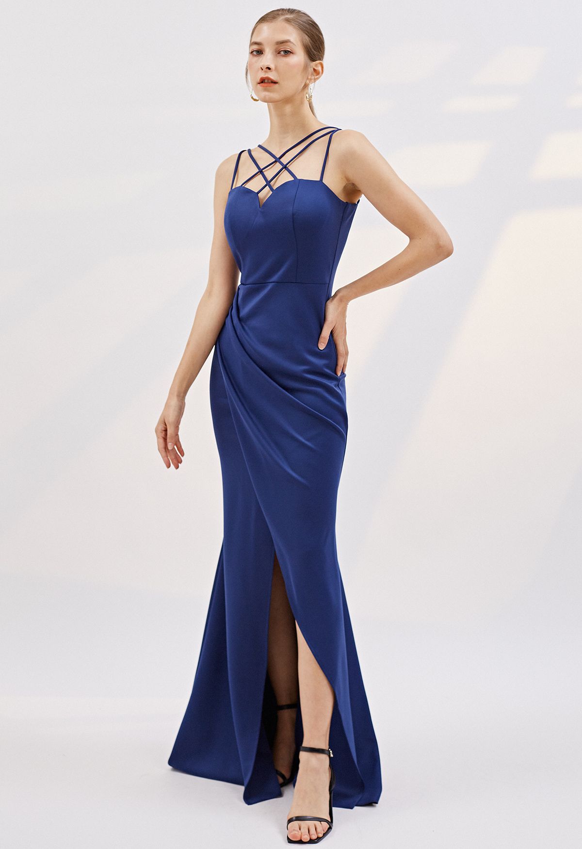 Multiple Straps Ruched Flap Slit Mermaid Gown in Navy