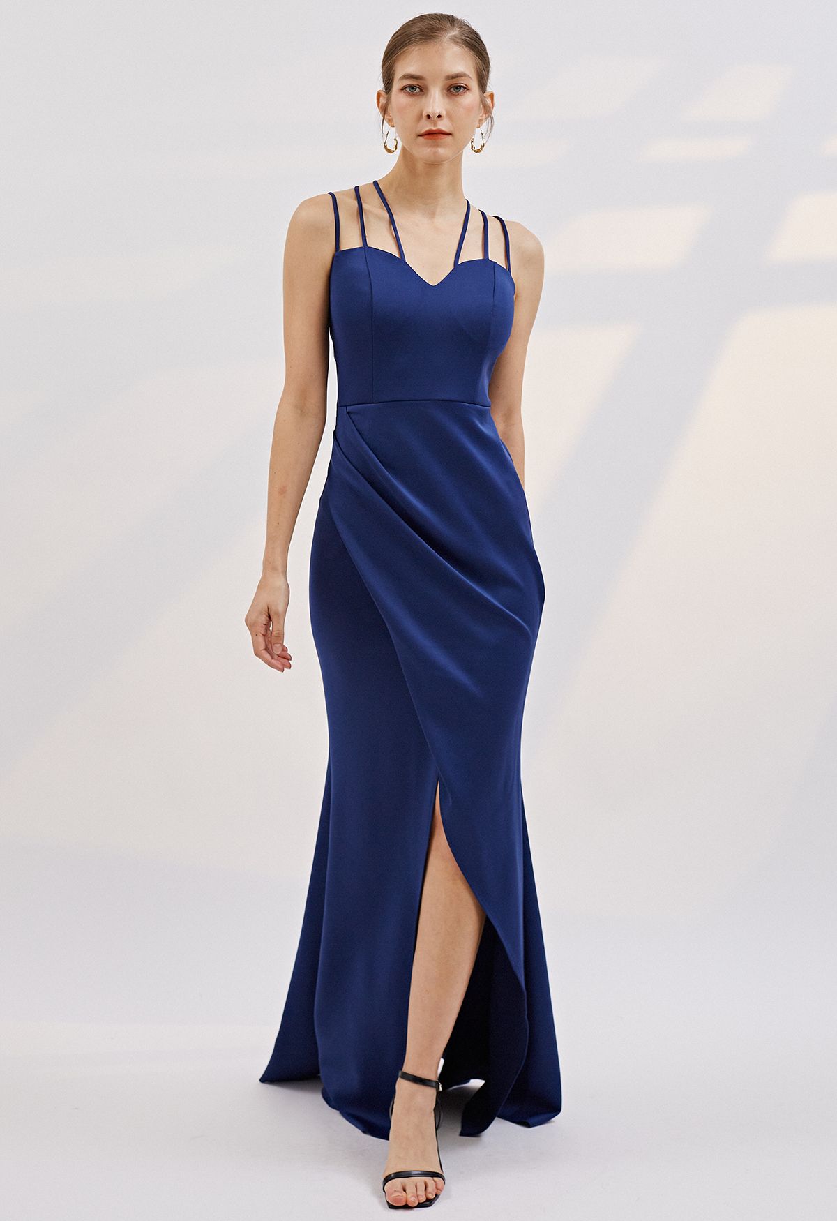 Multiple Straps Ruched Flap Slit Mermaid Gown in Navy