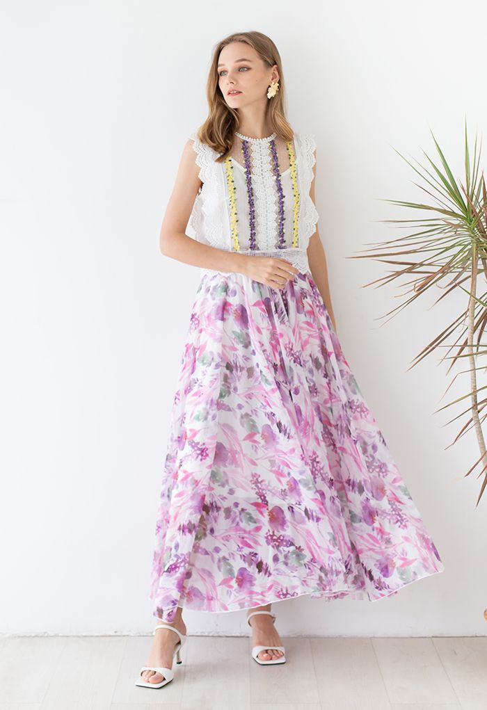 Plum Floral Watercolor Chiffon Maxi Skirt