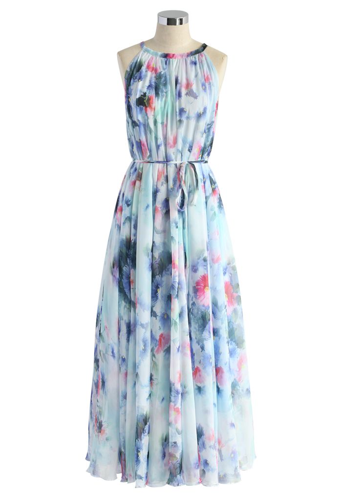 Tranquil Blue Watercolor Floral Maxi Slip Dress