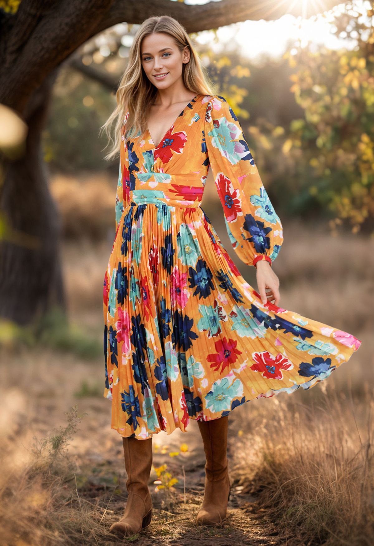 Orange Floral Cut Out Back Pleated Satin Dress