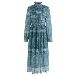 Boho Paisley Pleated Chiffon Midi Dress in Teal - Retro, Indie and ...