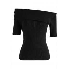 Folded Off-Shoulder Short-Sleeve Knit Top in Black - Retro, Indie and ...